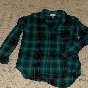 Old Navy Boyfriend Cut Teal and Black Plaid Shirt